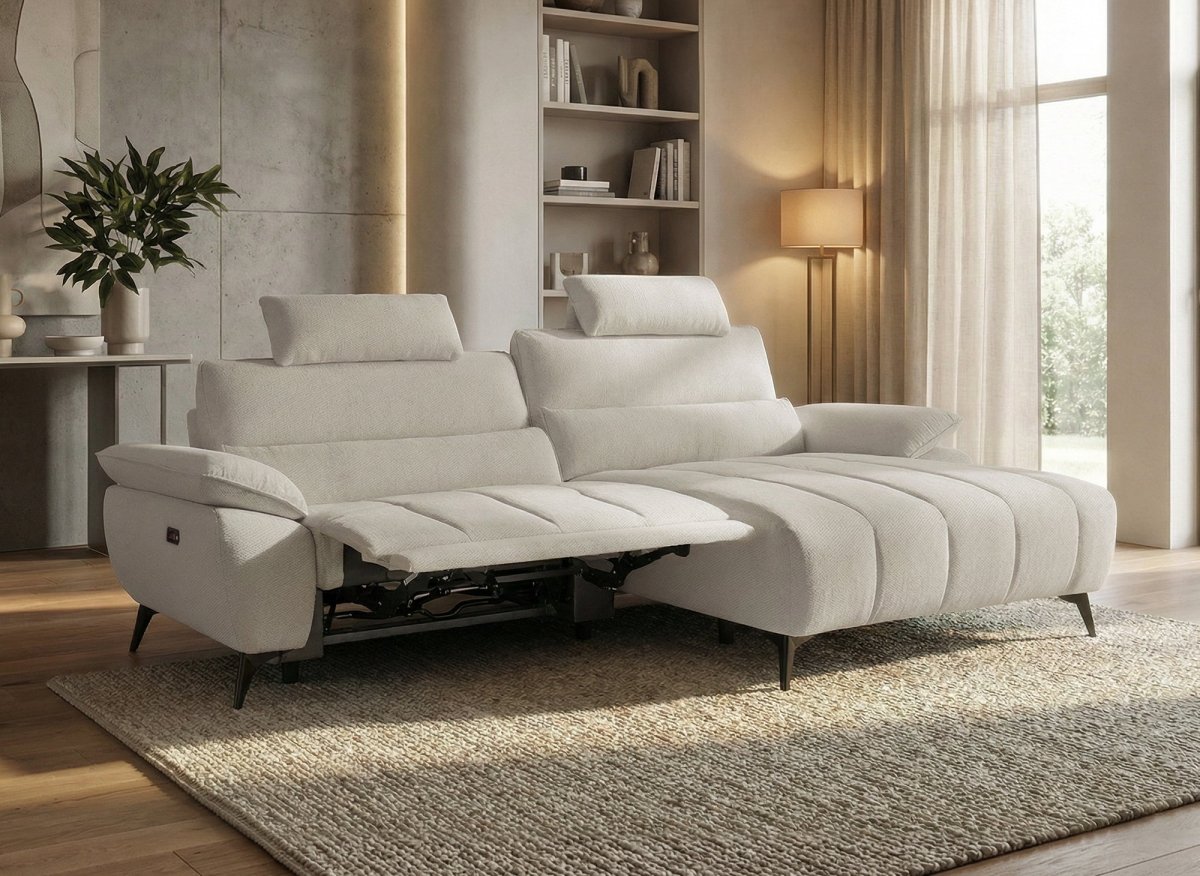 Canapé d’angle relax électrique en velours chiné beige LYANA - Angle droit - DécoInParis