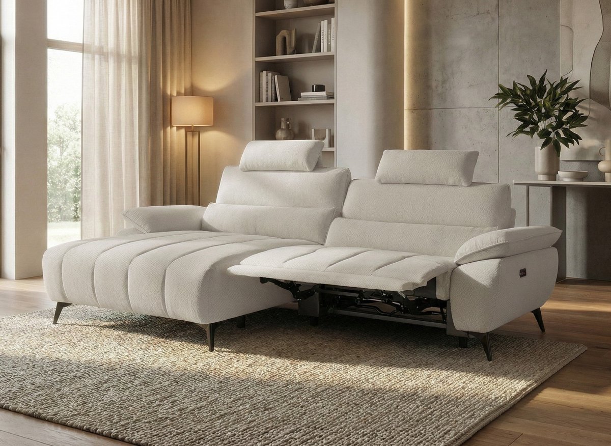 Canapé d’angle relax électrique en velours chiné beige LYANA - Angle gauche - DécoInParis