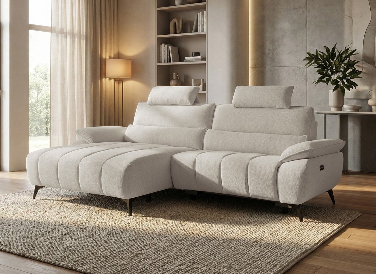 Canapé d’angle relax électrique en velours chiné beige LYANA - Angle gauche - DécoInParis