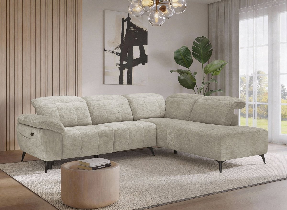 Canapé d'angle relax électrique en velours chiné beige SOLINA - Angle droit - DécoInParis