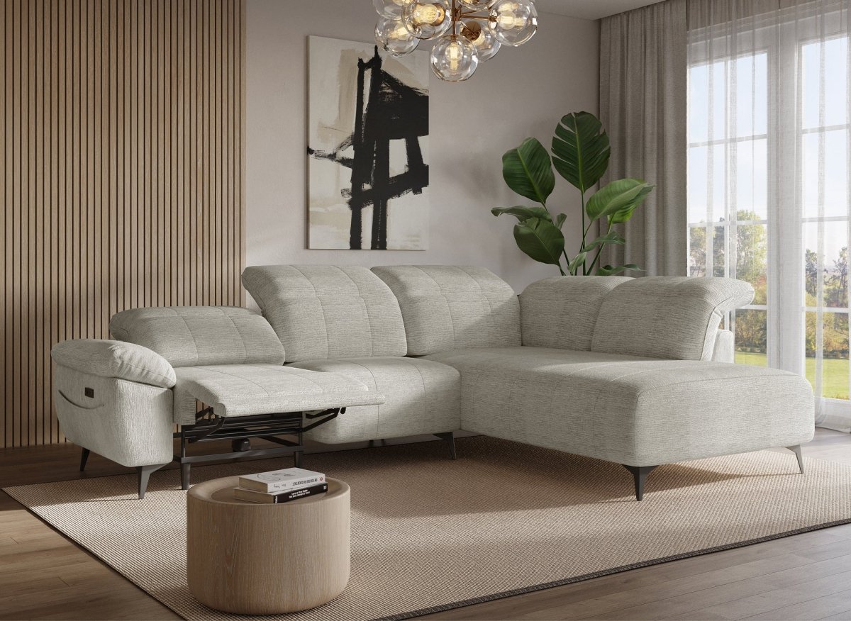Canapé d'angle relax électrique en velours chiné beige SOLINA - Angle droit - DécoInParis