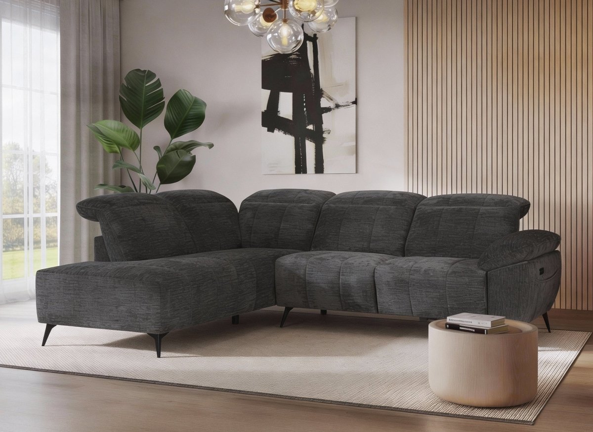 Canapé d'angle relax électrique en velours chiné gris SOLINA - Angle gauche - DécoInParis