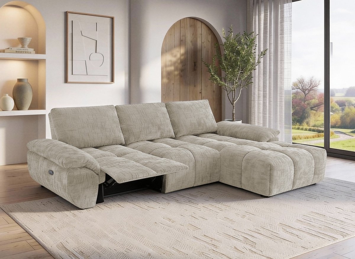 Canapé d’angle relax électrique en velours chiné taupe ALPES - Angle droit - DécoInParis