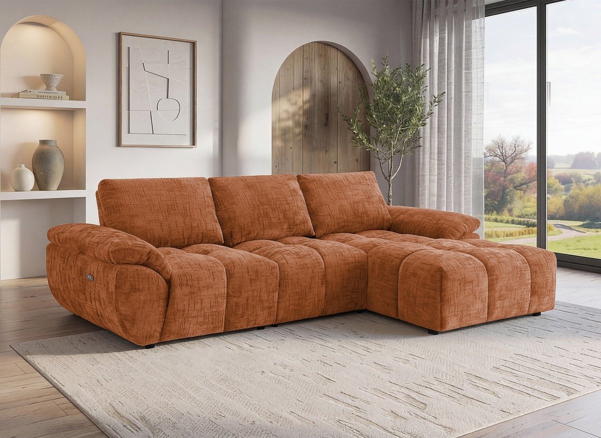 Canapé d’angle relax électrique en velours chiné terracotta ALPES - Angle droit - DécoInParis