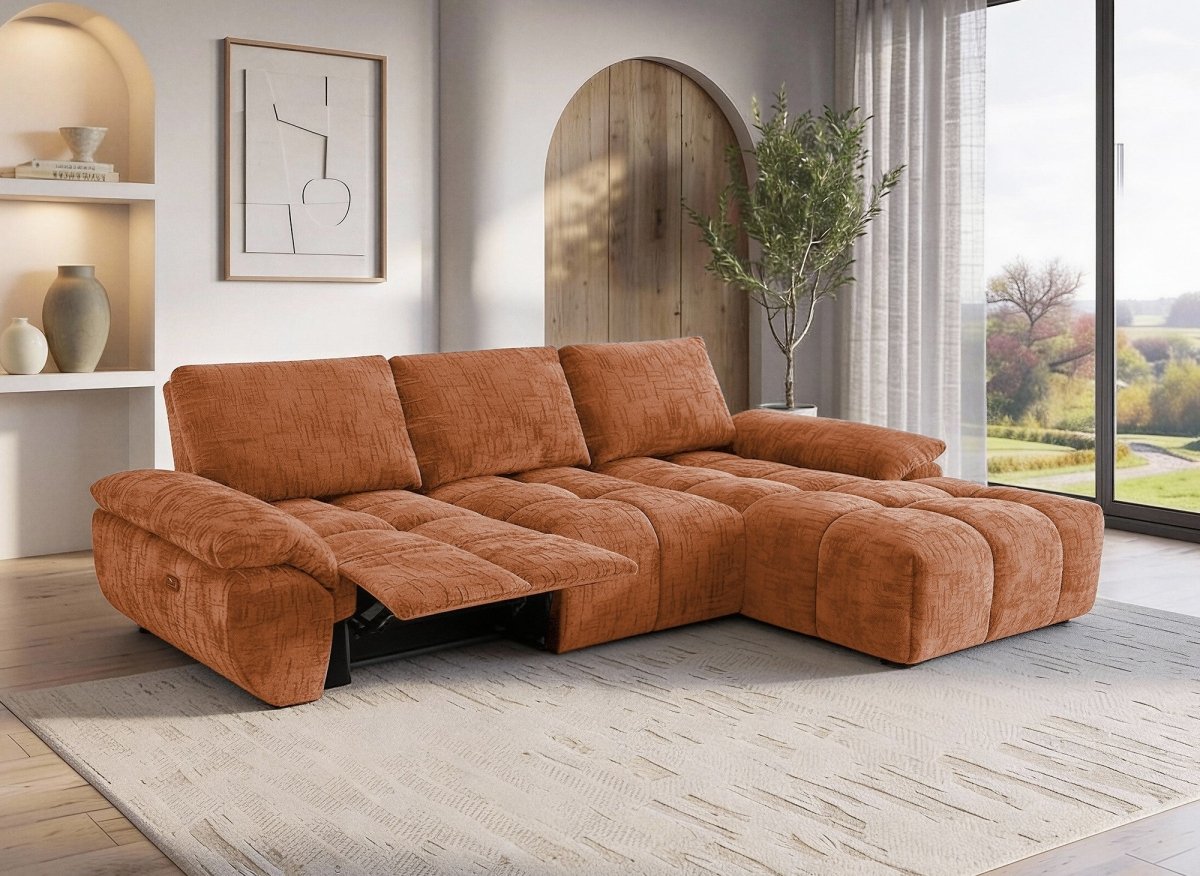 Canapé d’angle relax électrique en velours chiné terracotta ALPES - Angle droit - DécoInParis
