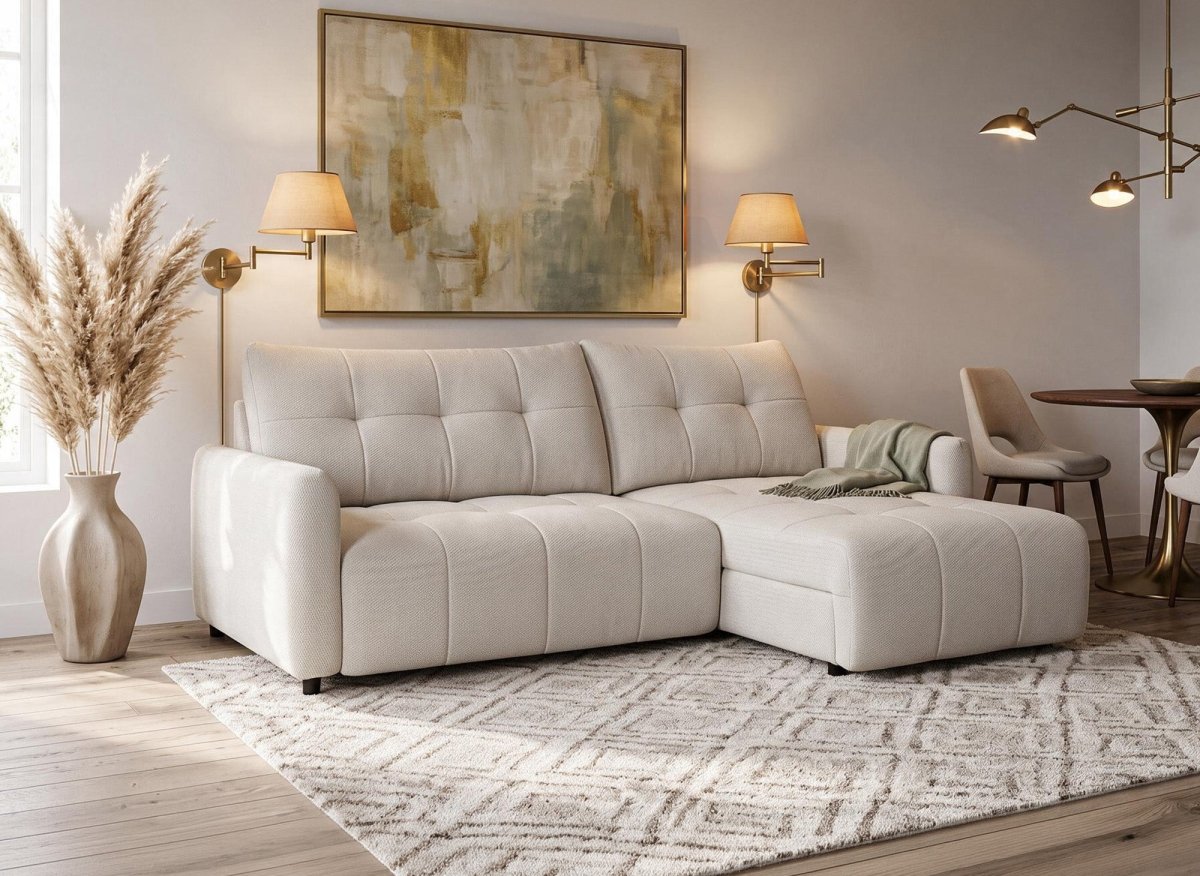 Canapé d'angle relax réversible avec coffre en tissu texturé beige KALINKA - DécoInParis