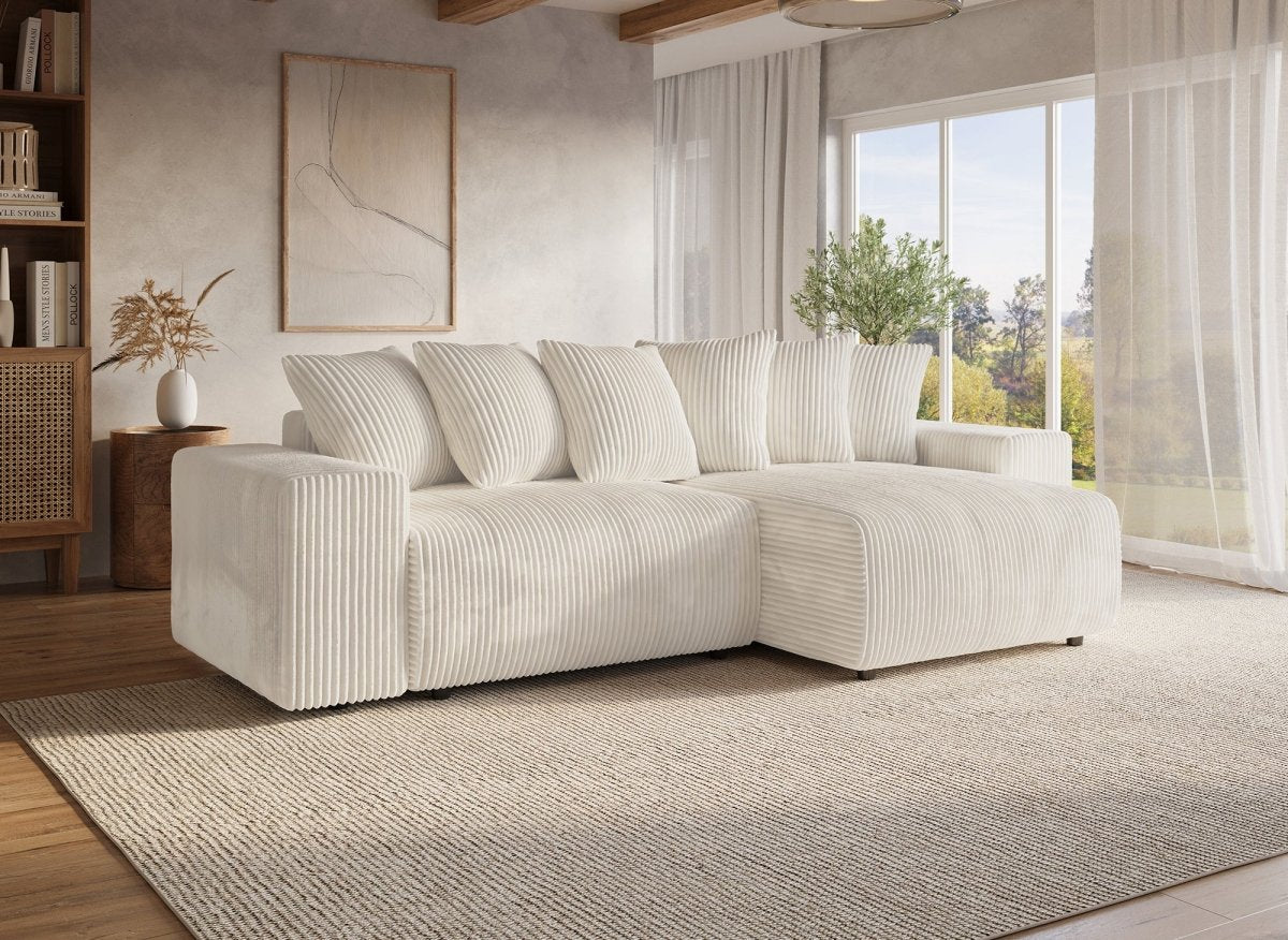 Canapé d'angle réversible convertible avec coffre en velours côtelé épais beige NOELIA - DécoInParis