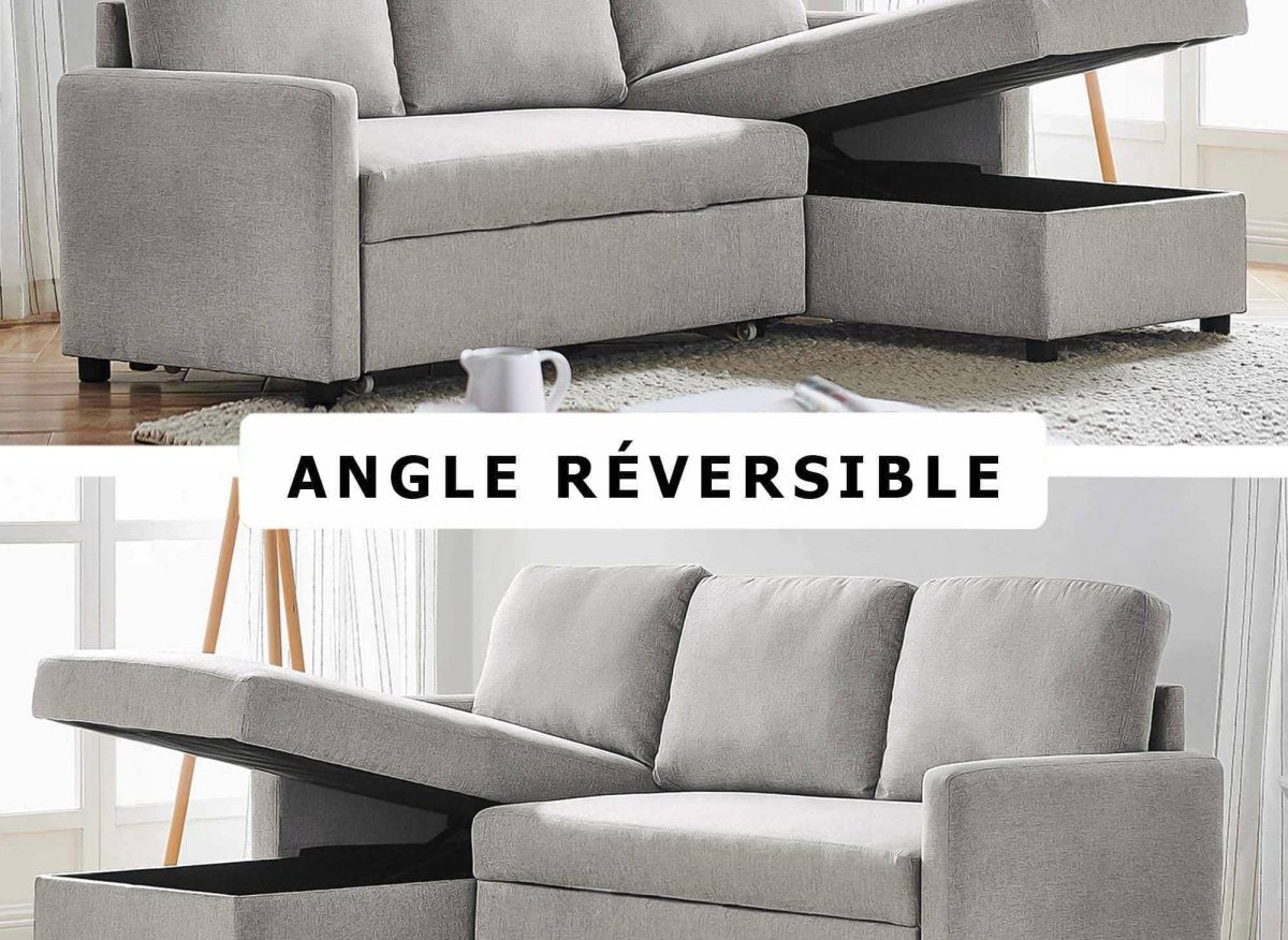 Canapé d'angle réversible convertible coffre de rangement en tissu gris ADAM - DécoInParis