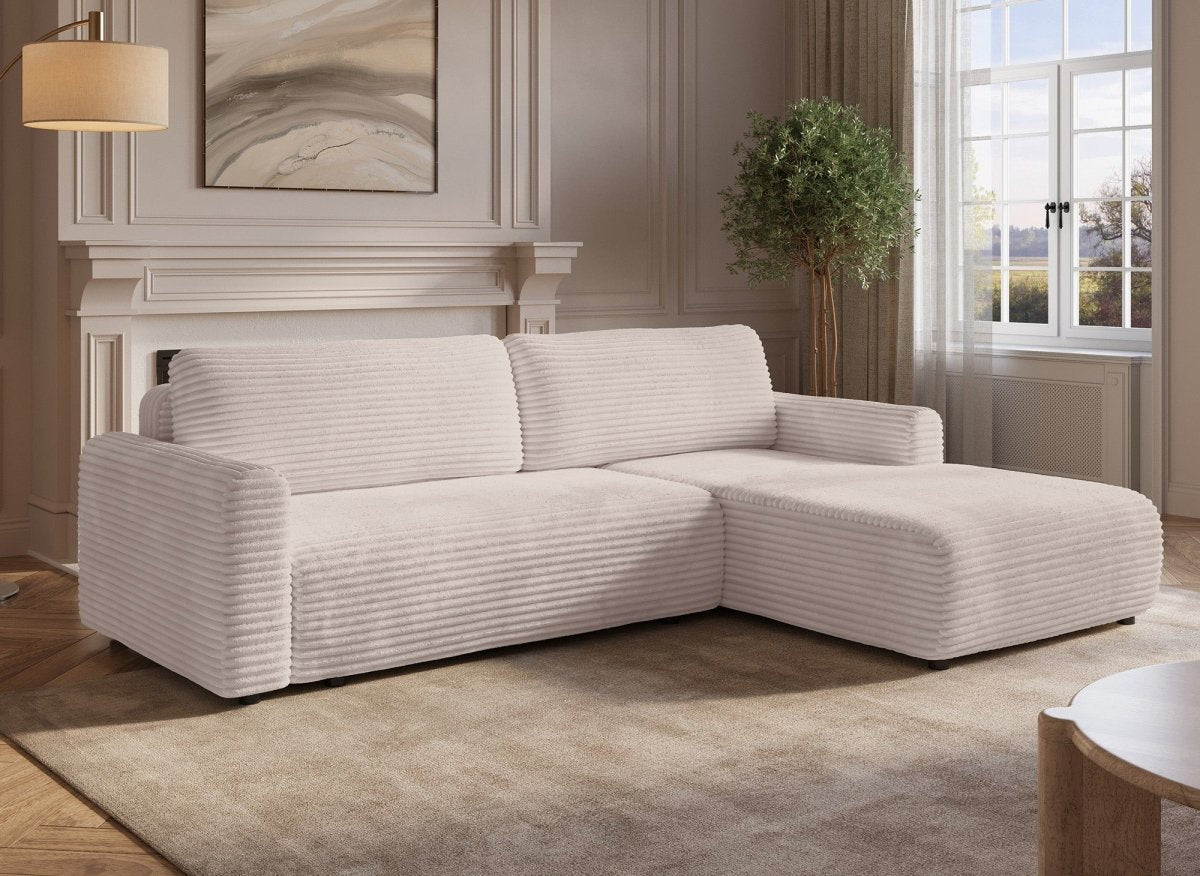 Canapé d'angle réversible et convertible avec coffre en velours côtelé épais beige KATIA - DécoInParis