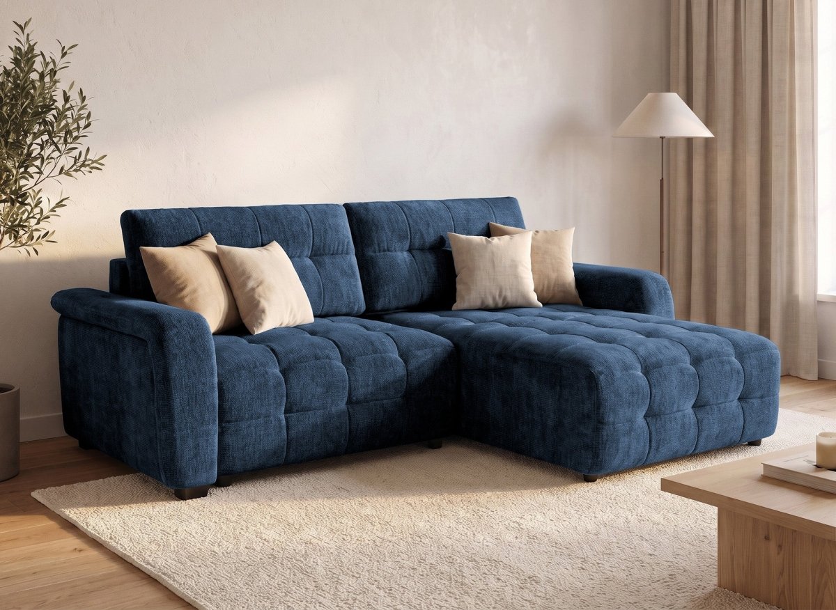 Canapé d'angle réversible et convertible avec coffres en velours tissé bleu LAUREANE - DécoInParis