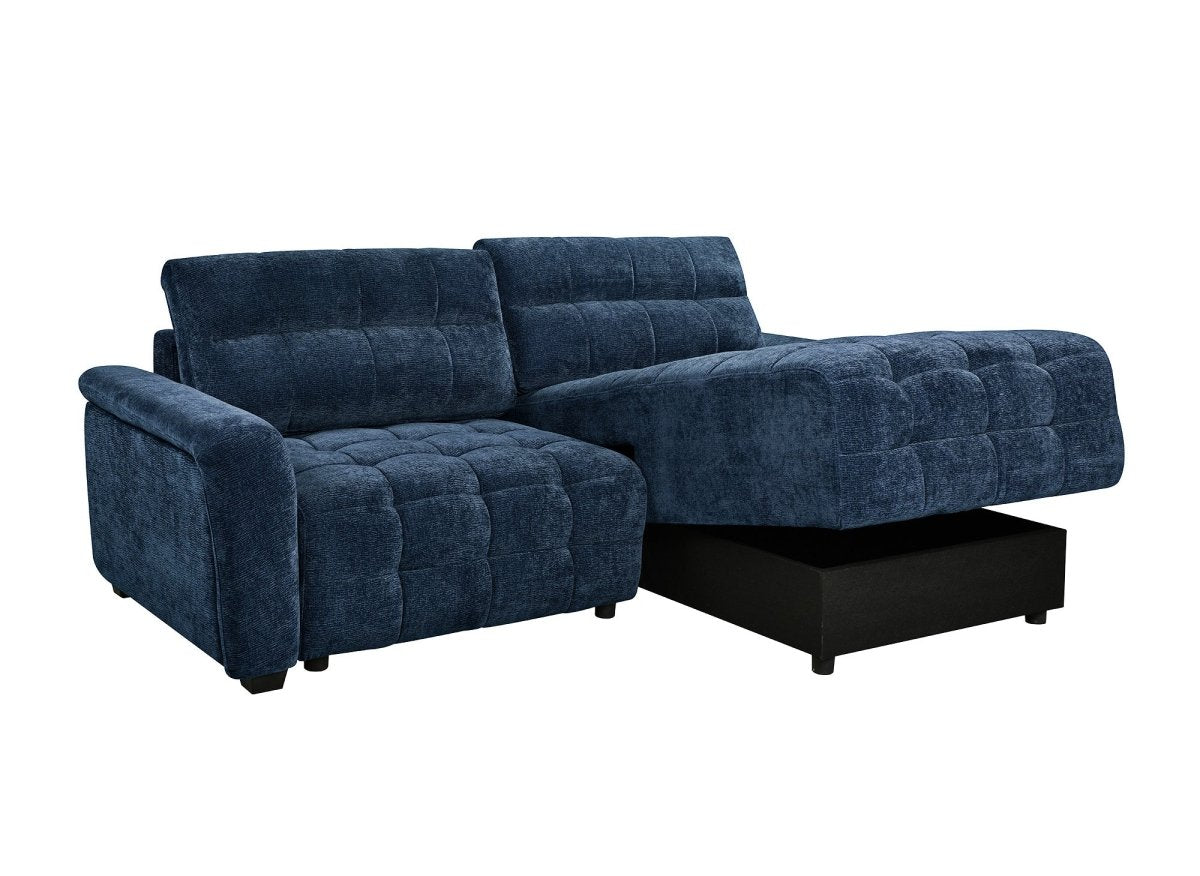 Canapé d'angle réversible et convertible avec coffres en velours tissé bleu LAUREANE - DécoInParis