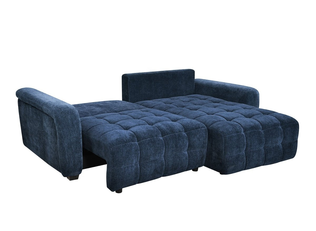 Canapé d'angle réversible et convertible avec coffres en velours tissé bleu LAUREANE - DécoInParis