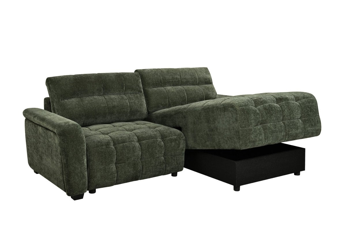 Canapé d'angle réversible et convertible avec coffres en velours tissé vert olive LAUREANE - DécoInParis