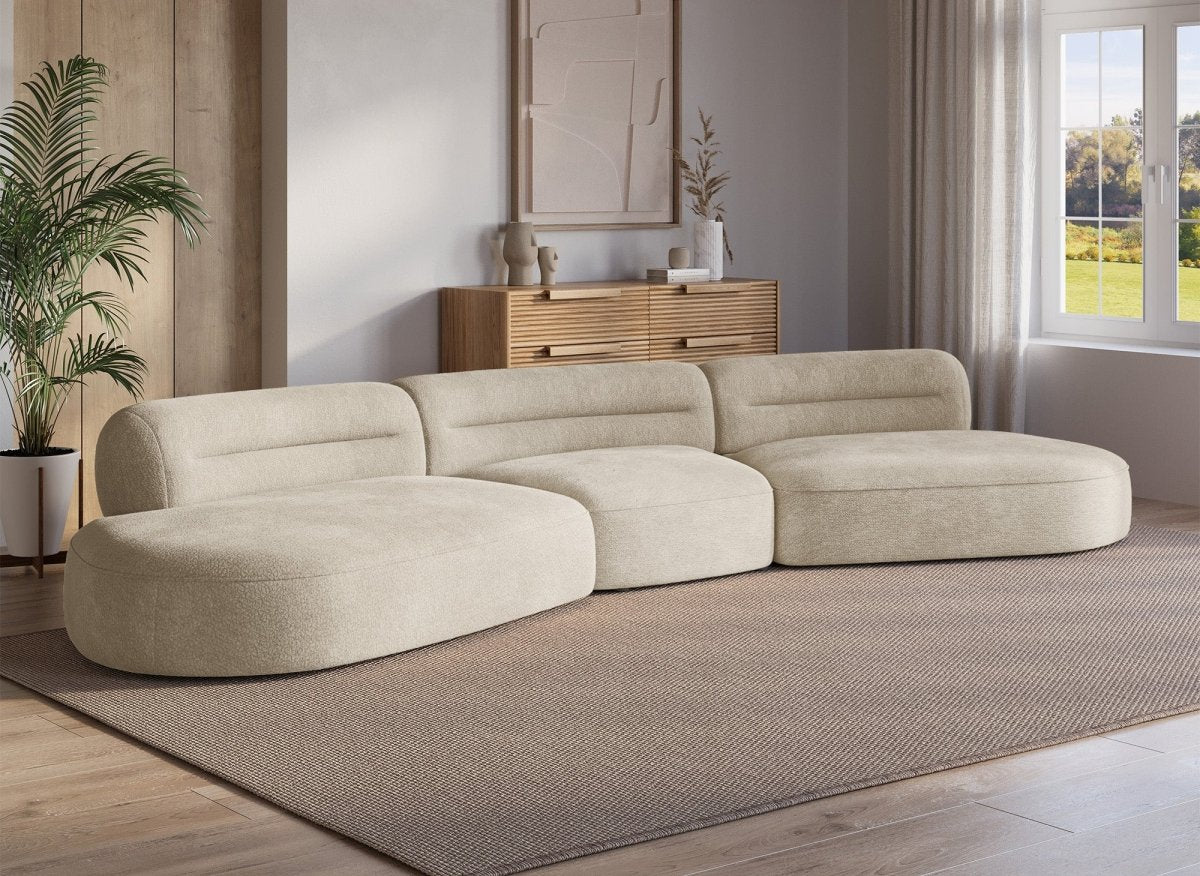 Canapé droit fixe 5 places en velours tissé beige IMENIA - DécoInParis