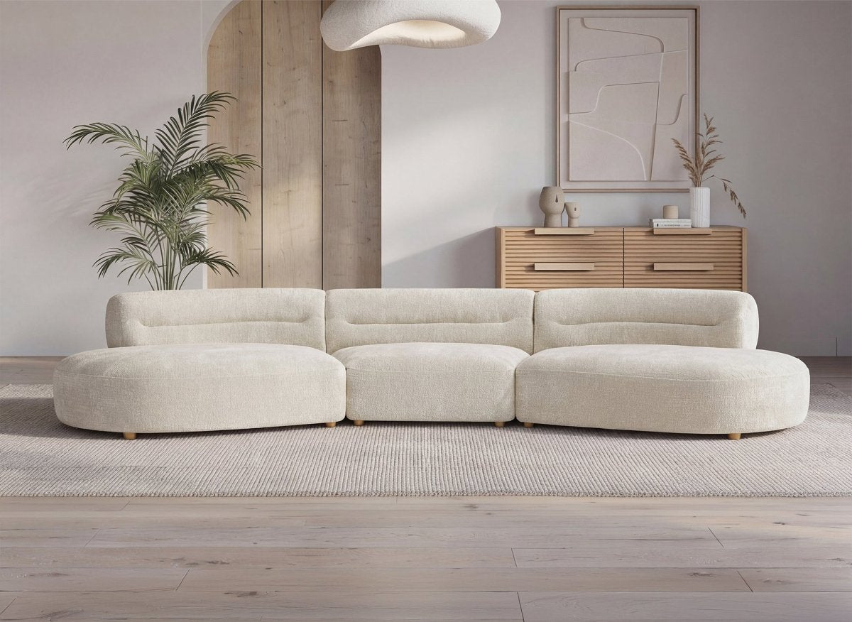 Canapé droit fixe 5 places en velours tissé beige IMENIA - DécoInParis