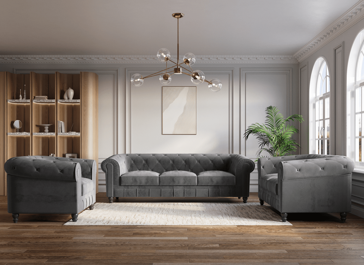 Canapé fixe 2 places velours Gris CHESTERFIELD - DécoInParis