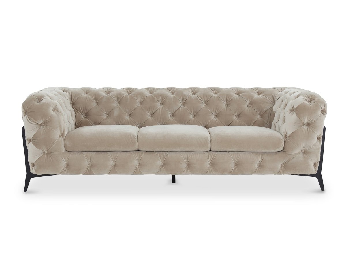 Canapé fixe 3 places capitonné chesterfield velours beige CARMEN - DécoInParis