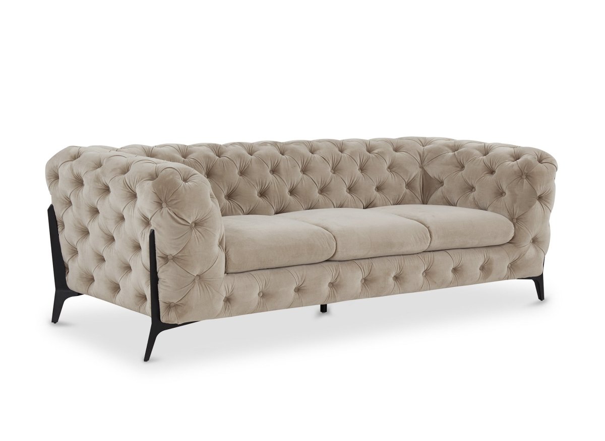 Canapé fixe 3 places capitonné chesterfield velours beige CARMEN - DécoInParis