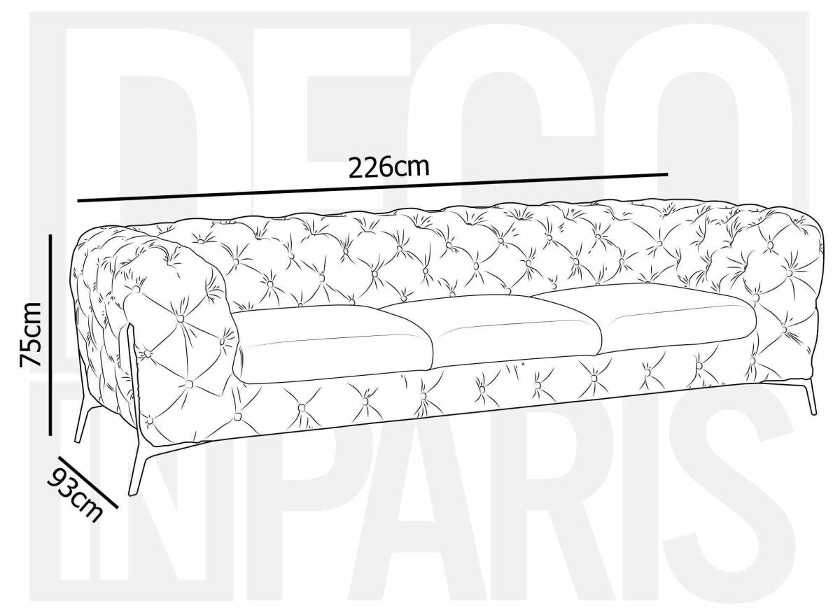 Canapé fixe 3 places capitonné chesterfield velours bleu CARMEN - DécoInParis