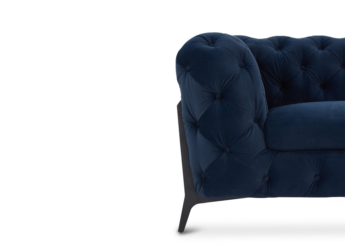 Canapé fixe 3 places capitonné chesterfield velours bleu CARMEN - DécoInParis