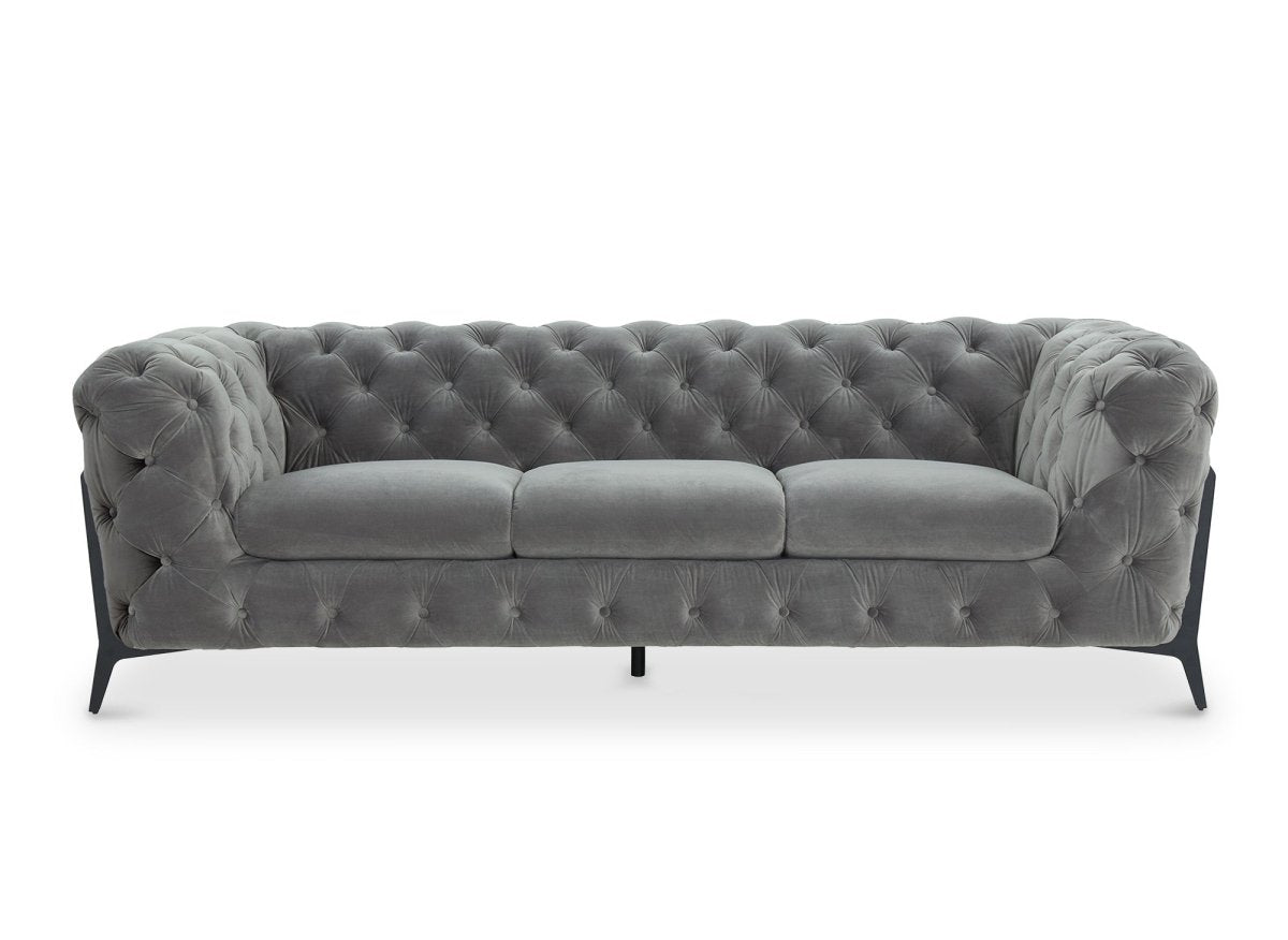 Canapé fixe 3 places capitonné chesterfield velours gris CARMEN - DécoInParis