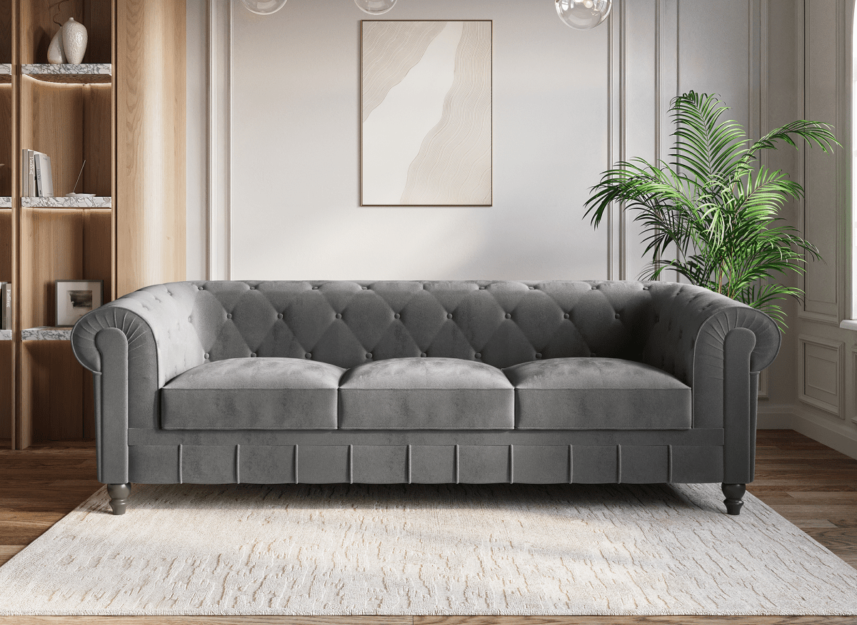 Canapé fixe 3 places velours Gris CHESTERFIELD - DécoInParis