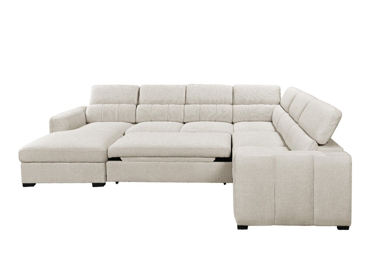 Canapé panoramique convertible avec coffre en tissu texturé beige NAJAH - Angle gauche - DécoInParis
