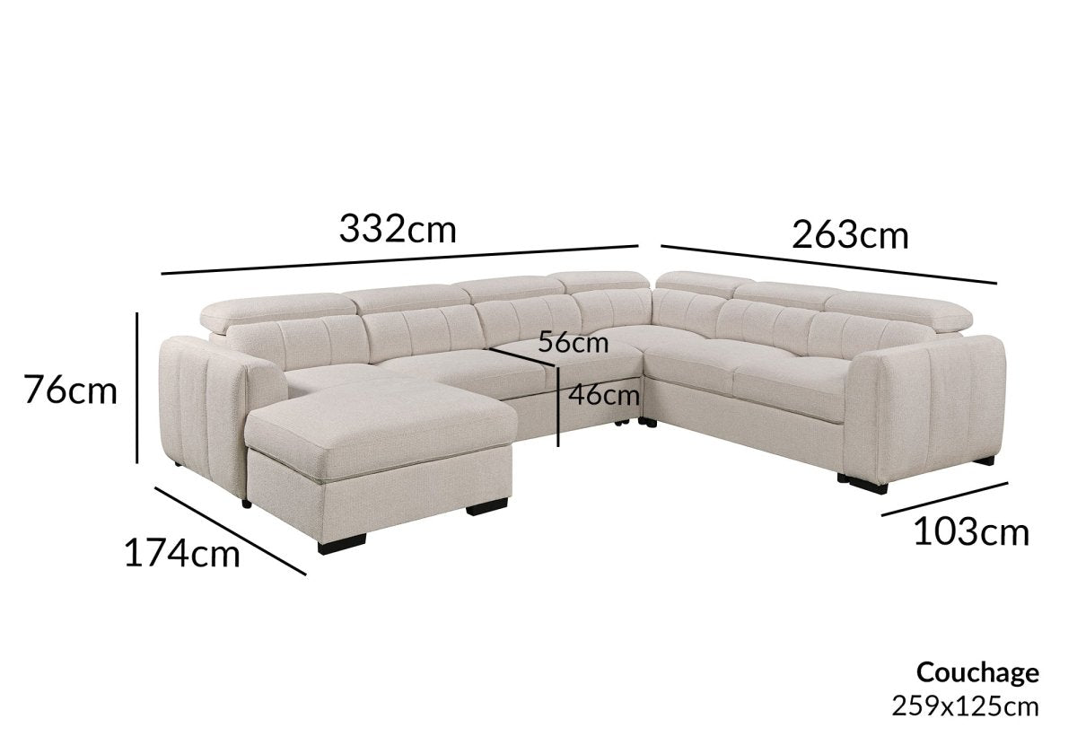 Canapé panoramique convertible avec coffre en tissu texturé beige NAJAH - Angle gauche - DécoInParis