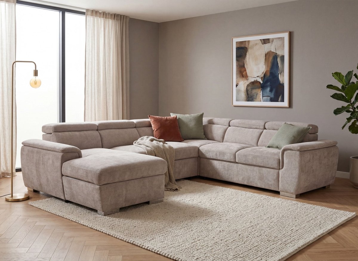 Canapé panoramique convertible avec coffre en velours chiné beige GAELLE - Angle gauche - DécoInParis