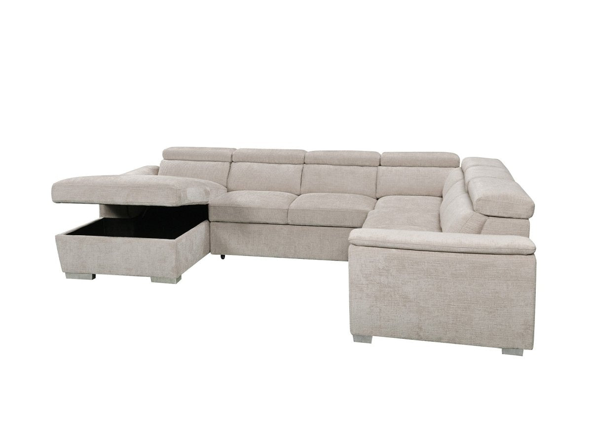 Canapé panoramique convertible avec coffre en velours chiné beige GAELLE - Angle gauche - DécoInParis