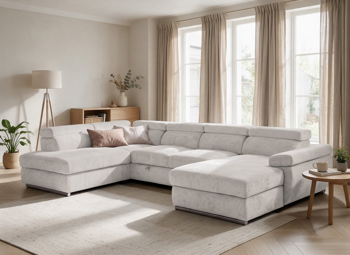 Canapé panoramique convertible avec coffre en velours chiné beige MARIANO- Angle droit - DécoInParis