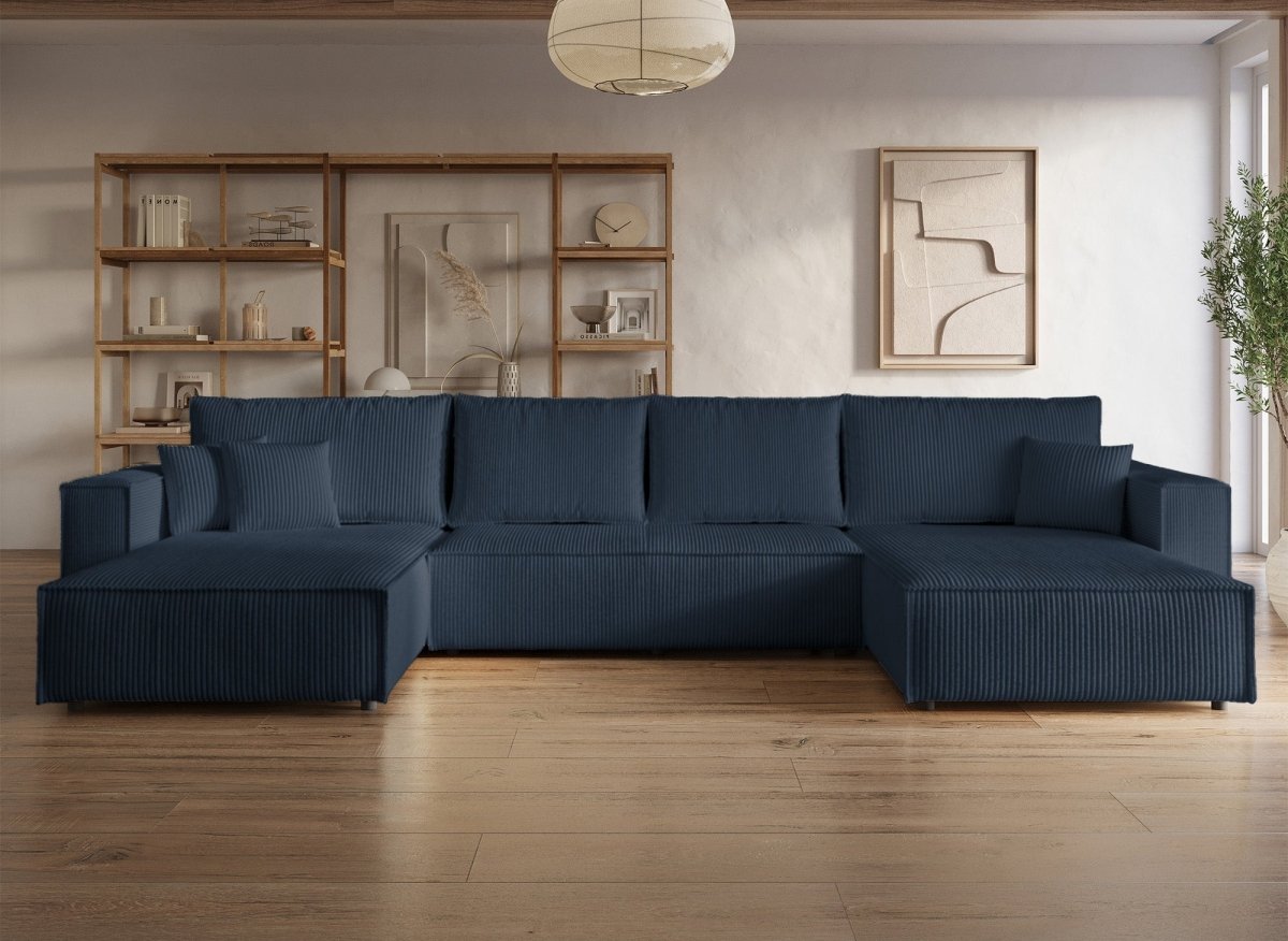 Canapé panoramique convertible avec coffre en velours cotelé bleu foncé - JADE - DécoInParis