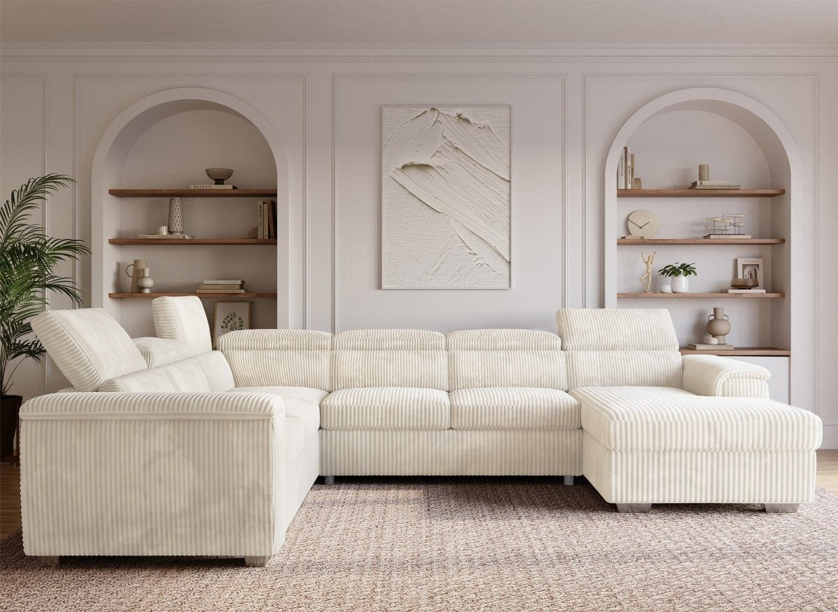 Canapé panoramique convertible avec coffre en velours côtelé épais beige GAELLE - Angle Droit - DécoInParis