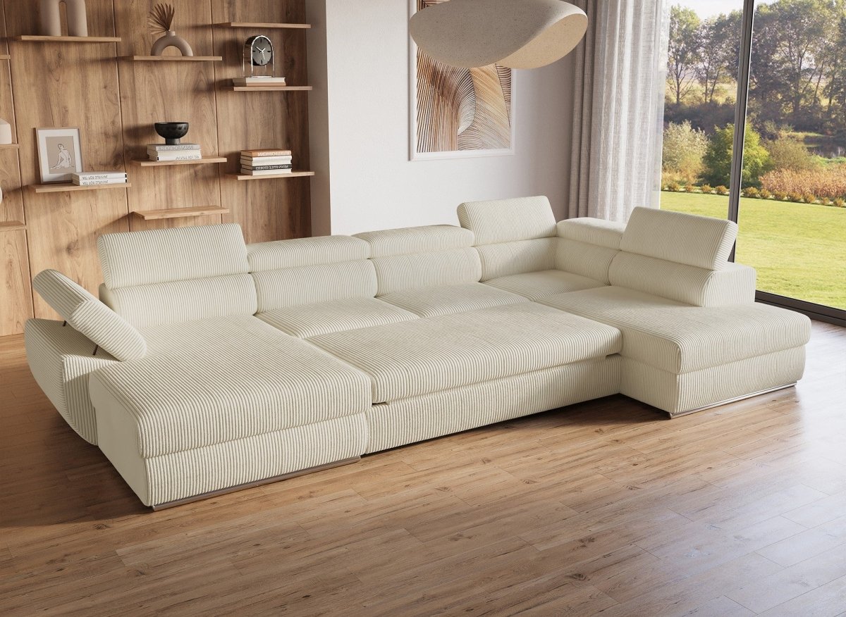 Canapé panoramique convertible avec coffre en velours côtelé épais beige MARIANO - Angle gauche - DécoInParis