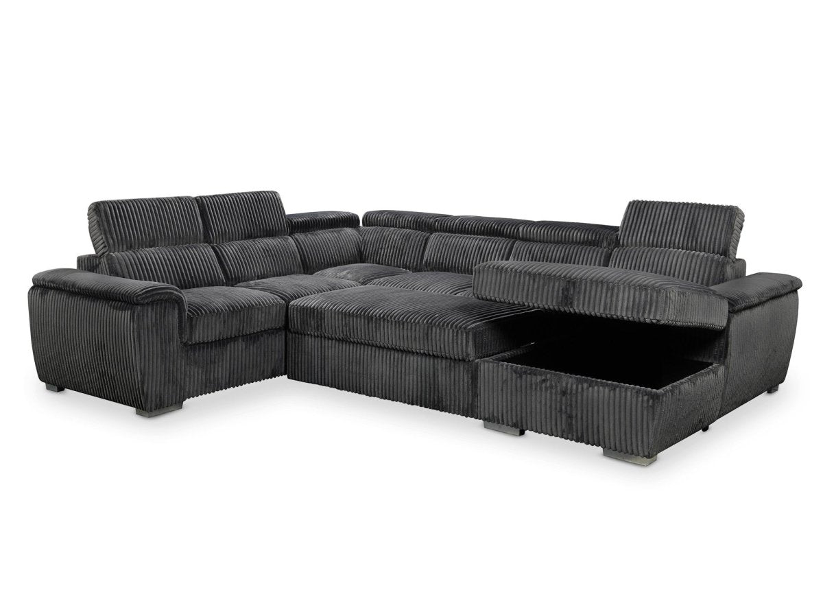 Canapé panoramique convertible avec coffre en velours côtelé épais gris GAELLE - angle droit - DécoInParis