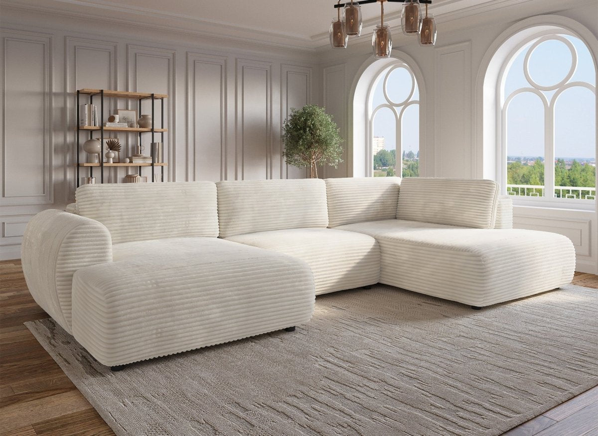 Canapé panoramique convertible avec coffre en velours gros côtelé beige TILDA - Angle droit - DécoInParis