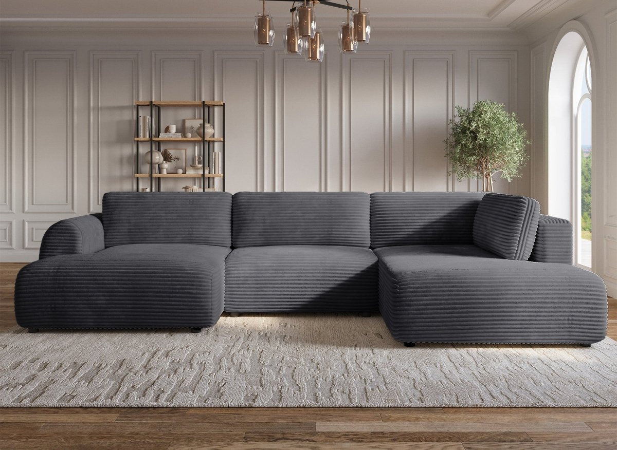 Canapé panoramique convertible avec coffre en velours gros côtelé gris TILDA - Angle droit - DécoInParis
