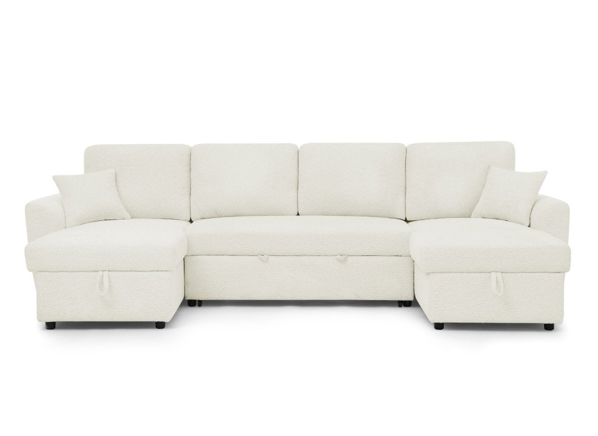 Canapé panoramique convertible avec coffres en tissu bouclette beige ADRYEN - DécoInParis