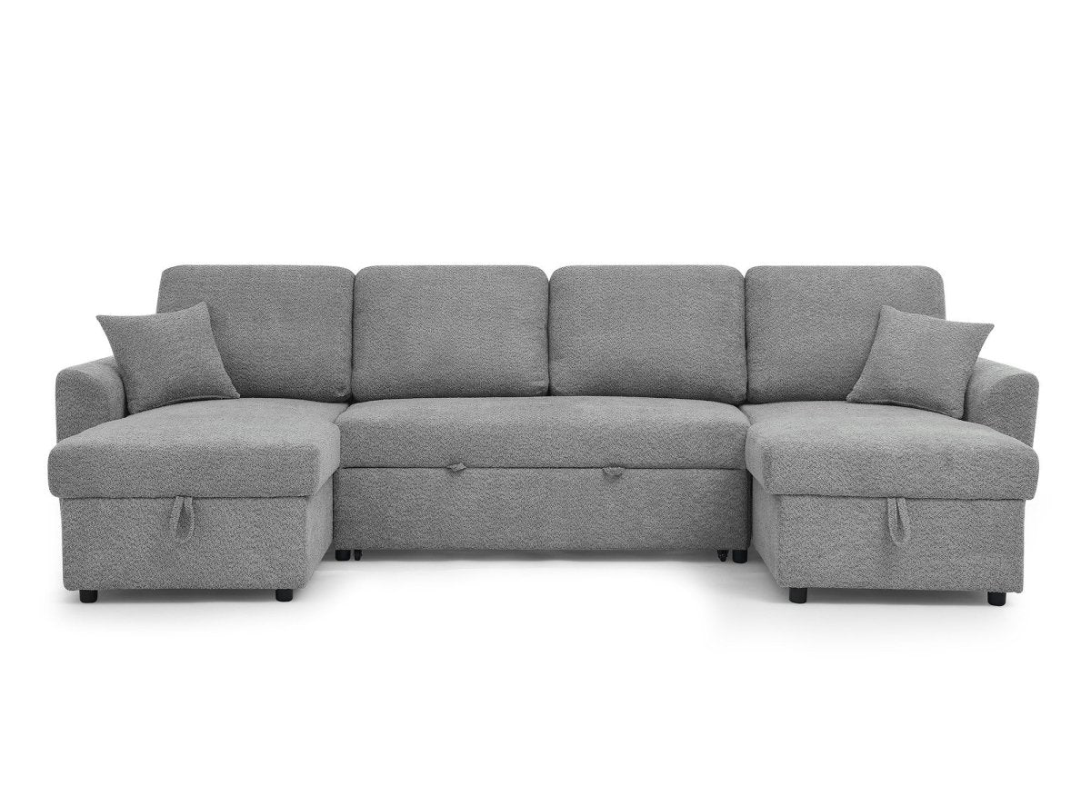 Canapé panoramique convertible avec coffres en tissu bouclette gris ADRYEN - DécoInParis