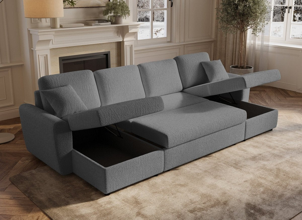 Canapé panoramique convertible avec coffres en tissu bouclette gris ADRYEN - DécoInParis