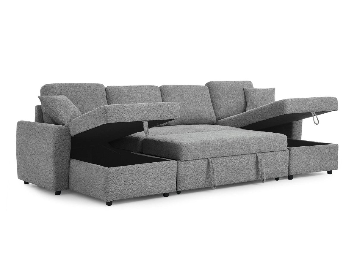 Canapé panoramique convertible avec coffres en tissu bouclette gris ADRYEN - DécoInParis