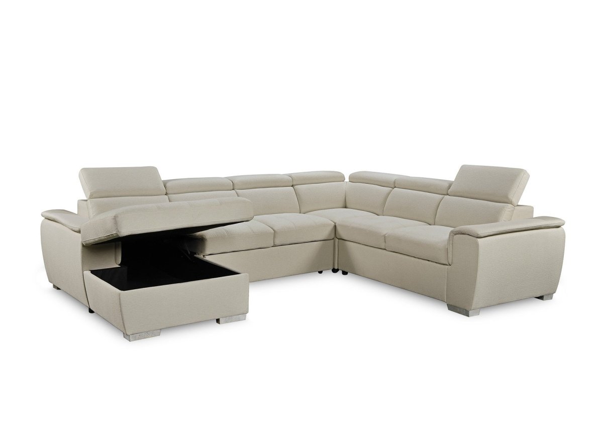 Canapé panoramique convertible coffre de rangement en tissu beige GAELLE - Angle Gauche - DécoInParis