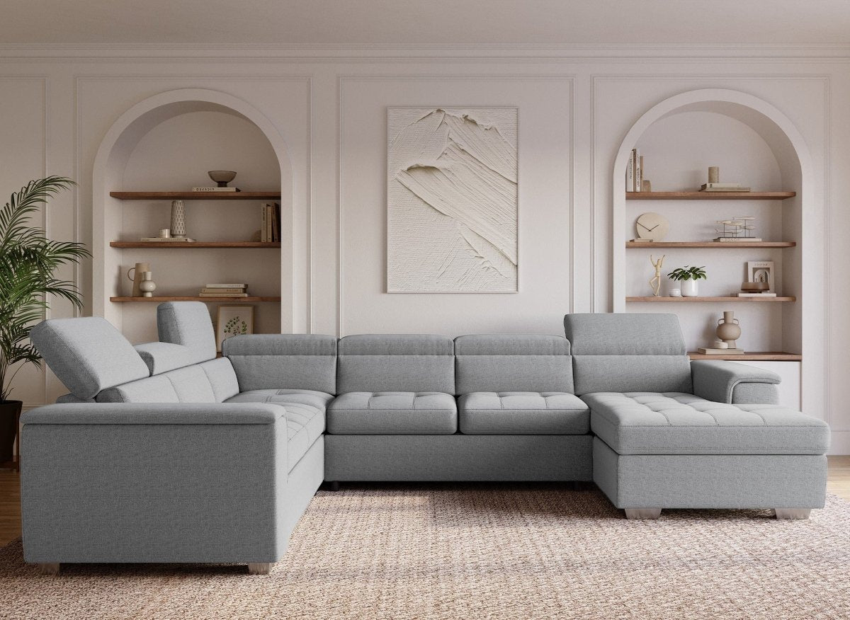 Canapé panoramique convertible coffre de rangement en tissu gris GAELLE - Angle Droit - DécoInParis