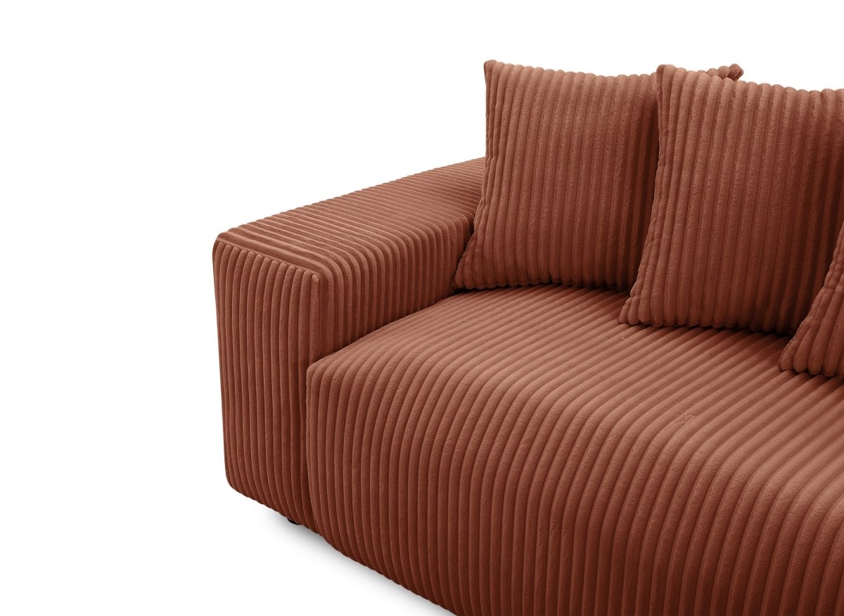 Canapé panoramique réversible convertible avec coffre en velours côtelé épais terracotta NOELIA - DécoInParis