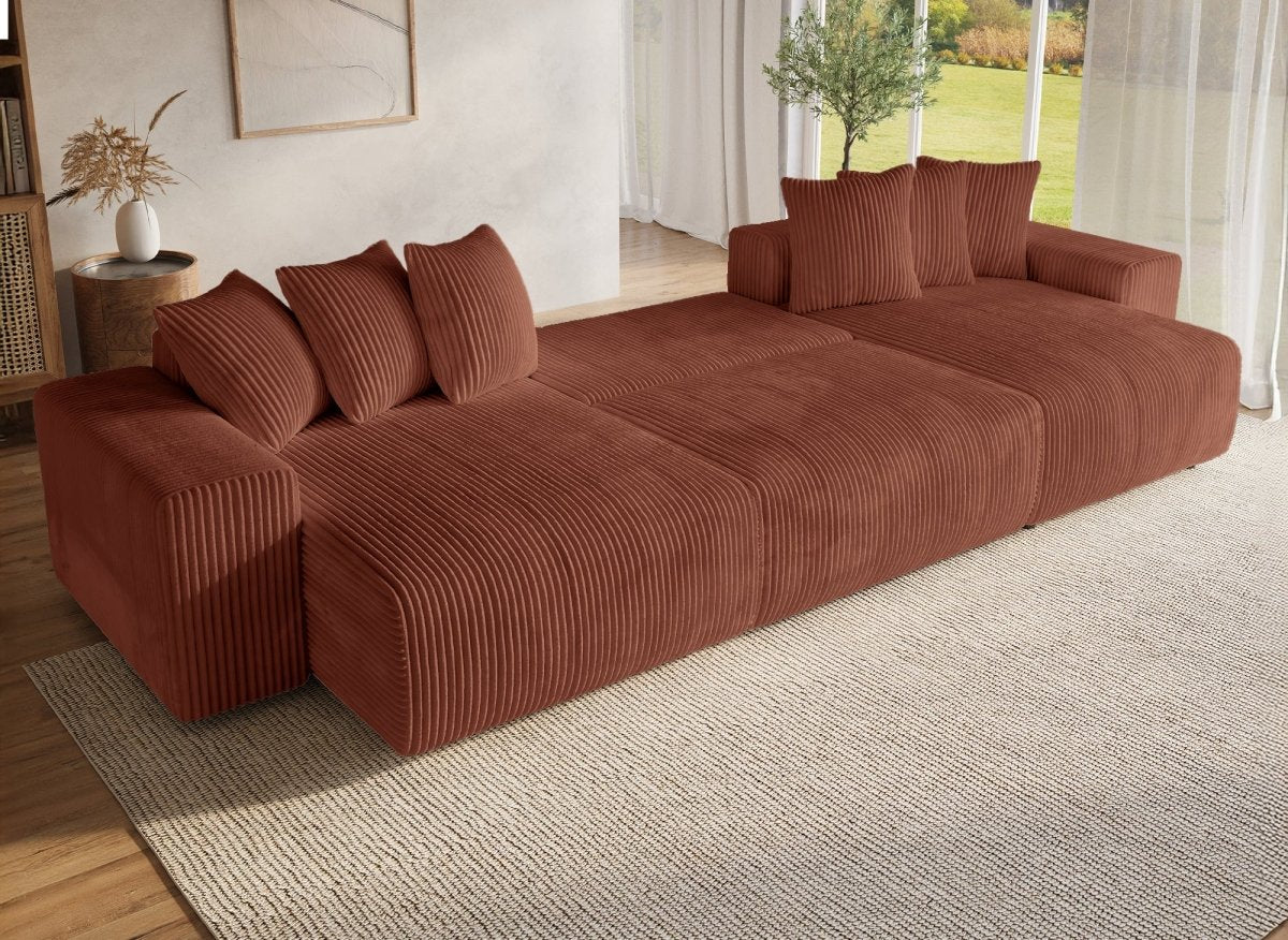 Canapé panoramique réversible convertible avec coffre en velours côtelé épais terracotta NOELIA - DécoInParis