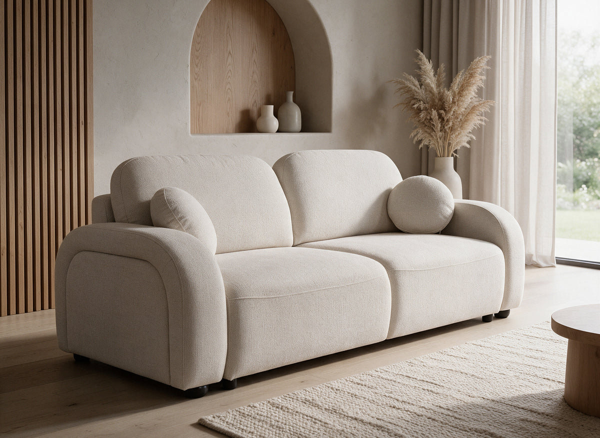 MAYORA 3-Sitzer-Schlafsofa in beigefarbenem Strukturstoff
