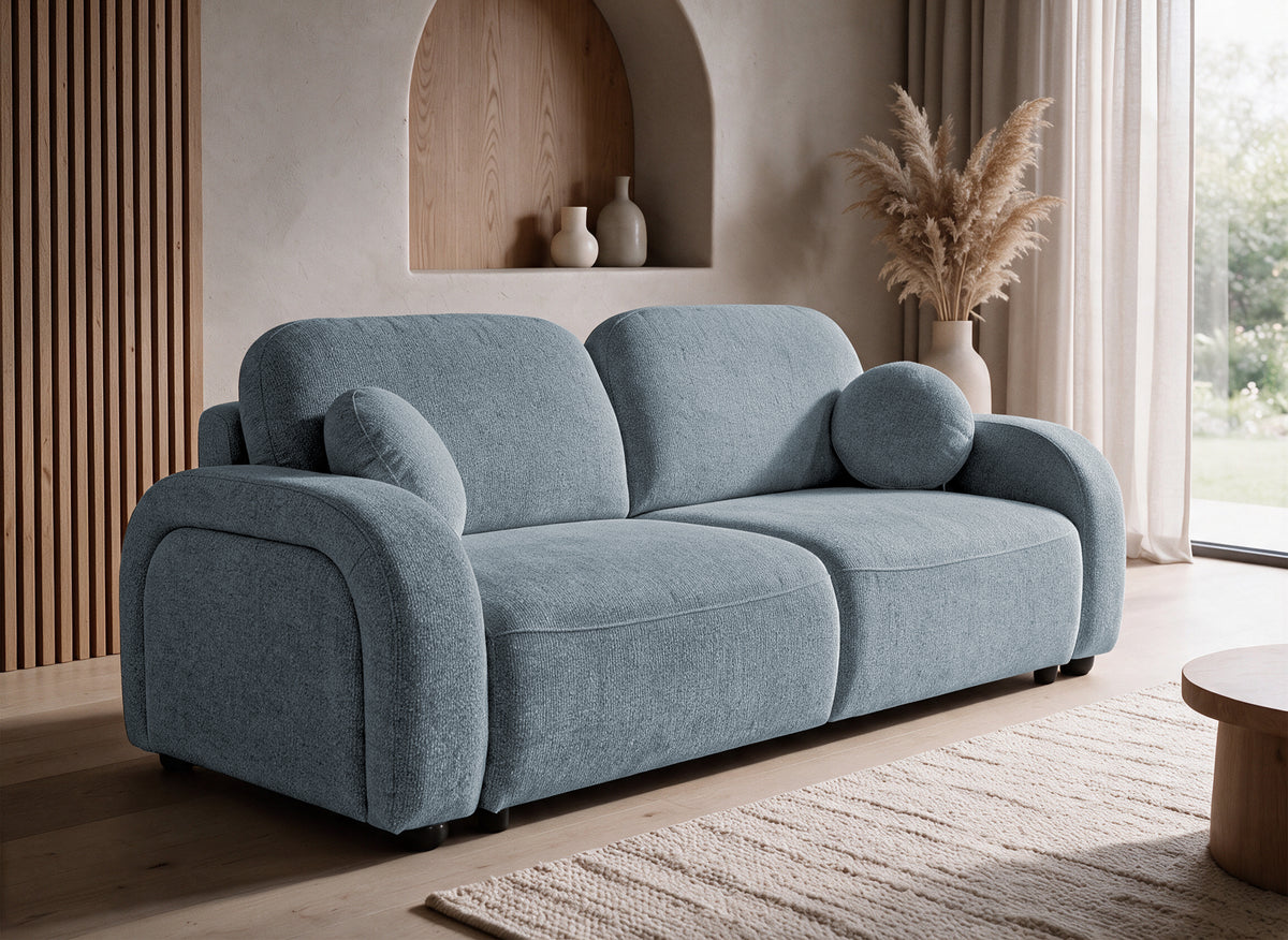 MAYORA 3-Sitzer-Schlafsofa in blauem Strukturstoff