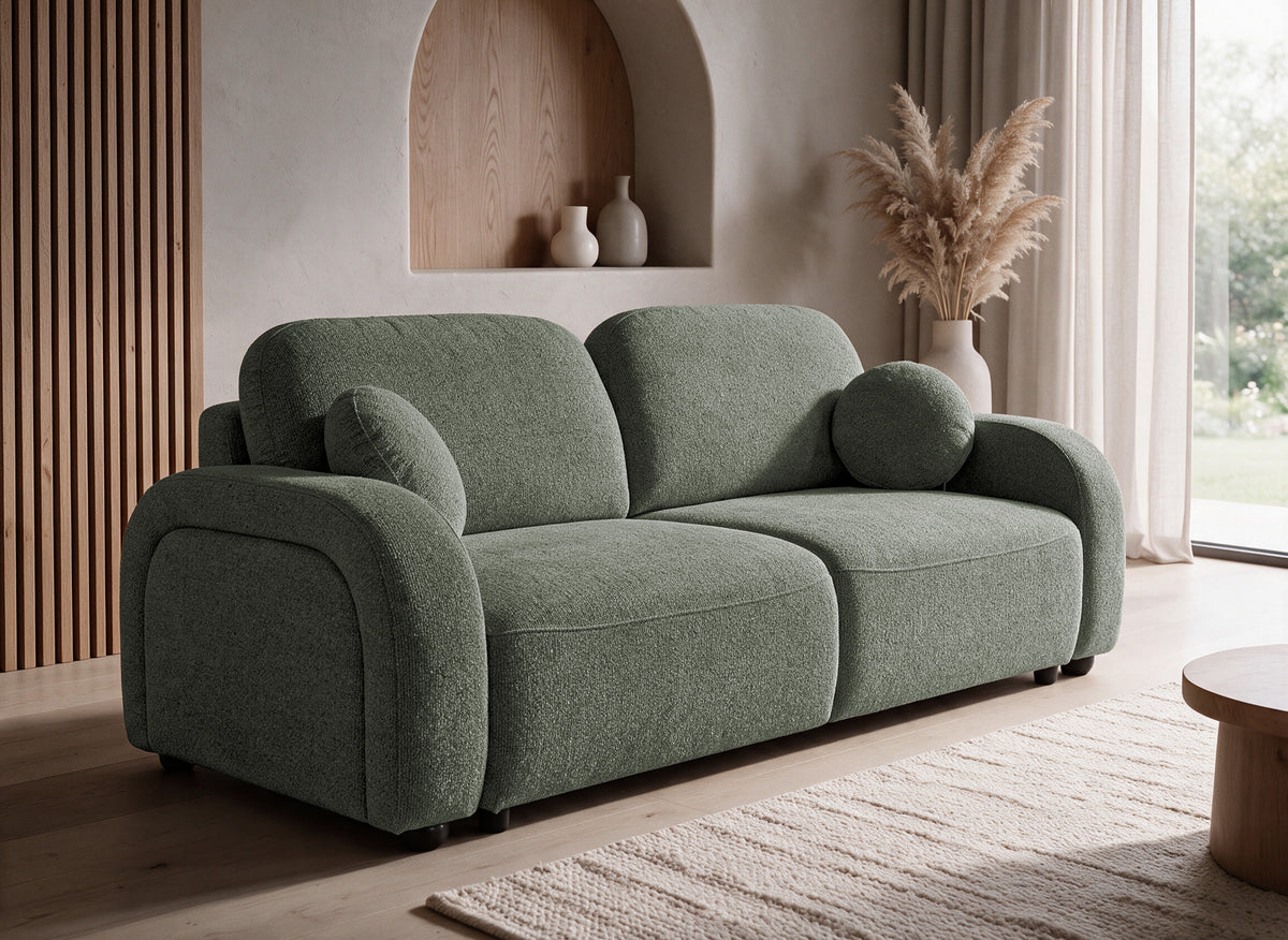 MAYORA 3-Sitzer-Schlafsofa in strukturiertem grünem Stoff