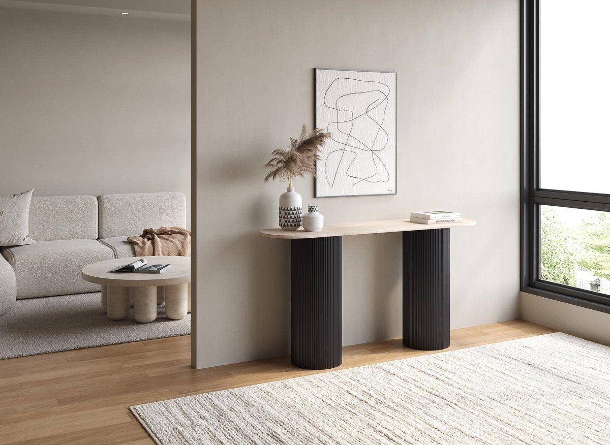 Console en marbre composite beige pieds noir DHARA BLACK - DécoInParis