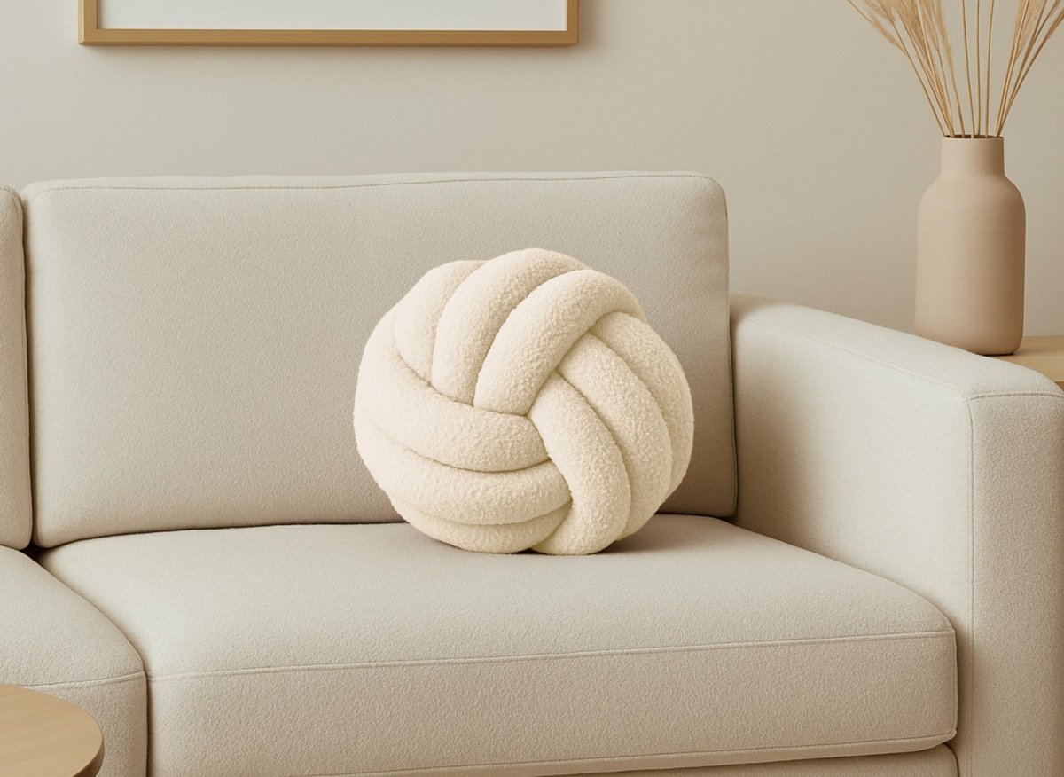 Coussin rond décoratif boule de nœud en effet peau de mouton beige NODUS - DécoInParis